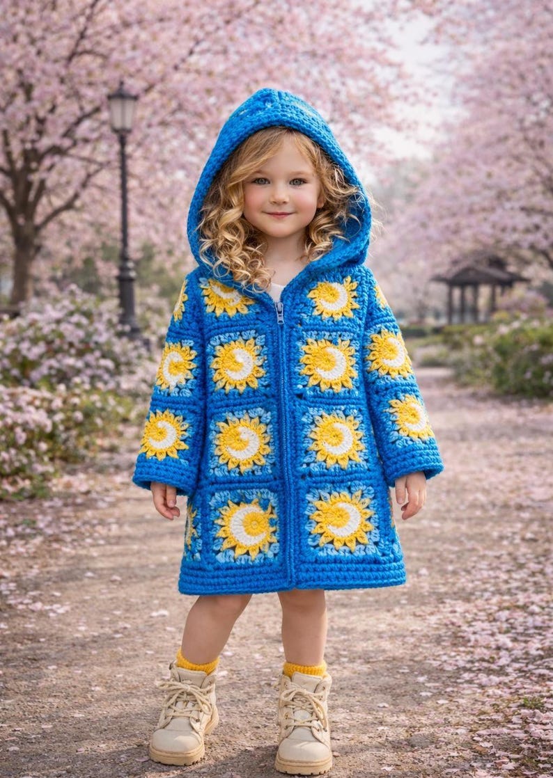 Crochet Granny Square Coat Pattern PDF, Kids Hooded Coat, Flower Jacket ...