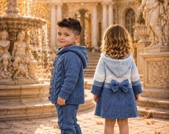 Strickmuster-Set für Babys, Zopfmusterpullover, Hose und Jacke (PDF)