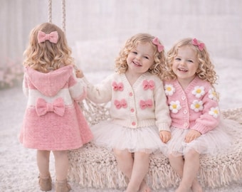 Baby Sweater Knitting Pattern Set, Bows and Heart Buttons