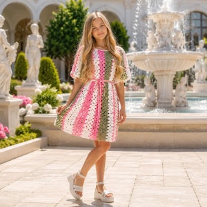 Crochet Dress PDF Pattern, Vintage Granny Square Frock Tutorial with Cluster Stitch