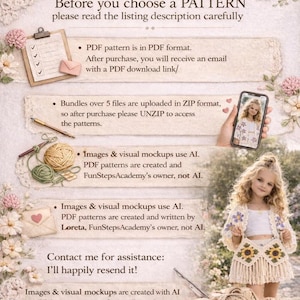 Informational guide graphic with text about PDF patterns, surrounded by floral illustrations, yarn balls, scissors, and a photo of a girl in a crochet outfit.