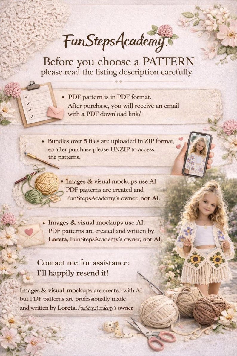 Informational guide graphic with text about PDF patterns, surrounded by floral illustrations, yarn balls, scissors, and a photo of a girl in a crochet outfit.