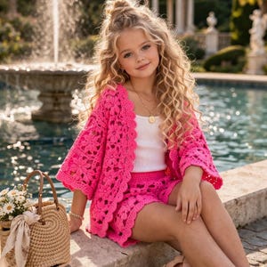 Crochet girls clothing bundle with cardigan shorts dress and butterfly granny square patterns