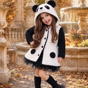 Panda Crochet Coat Pattern for Girls, Hooded Panda Jacket, Kids Animal Hoodie