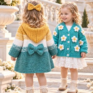 Baby-Hoodie-Schnittmuster, gestreiftes Strickmuster (PDF) mit Schleife am Rücken und Stirnband