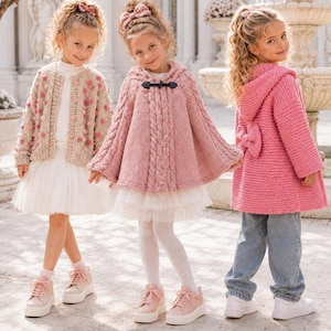 Knitting Pattern Bundle, 3 Girls' PDF Designs for Poncho, Cardigan & Raglan Coat