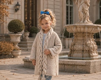 Strickmuster für eine Kinder-Strickjacke, kraus rechts gestrickter Pullover mit Quasten