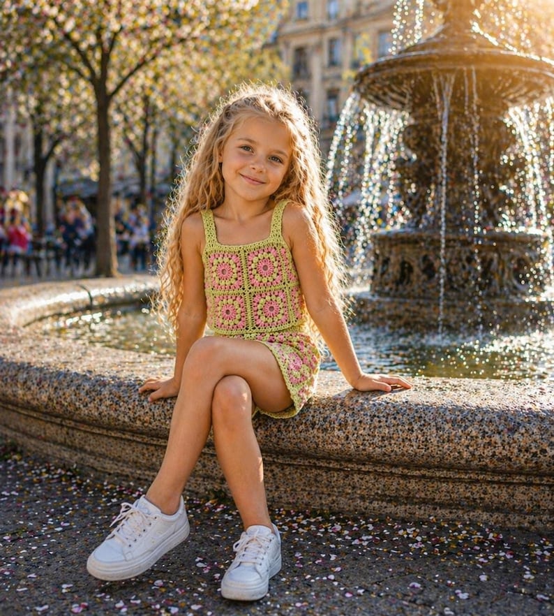 Kids crochet summer clothes, bundle of 3 outfits, handmade granny square designs
