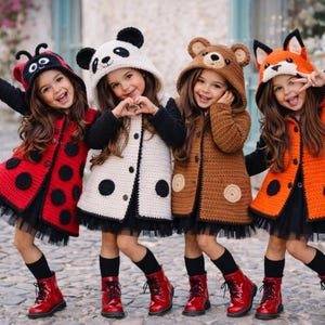 Paquete de patrones de abrigos de ganchillo con motivos de animales: sudadera con capucha de mariquita, panda, oso y zorro; chaqueta infantil en formato PDF.