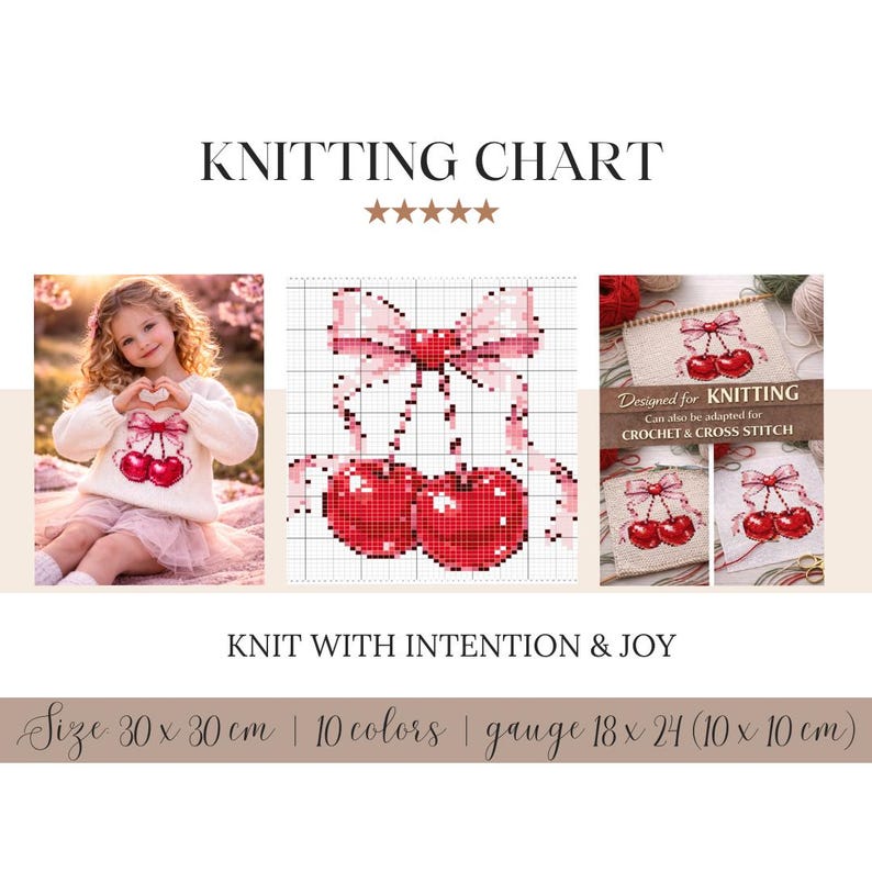 Cherry Bow Knitting Chart PDF, Cherry Motif Pattern, Intarsia Colorwork ...