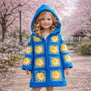May include: A blue crochet hooded jacket with yellow and white sunburst patterns. The jacket has a zip closure and is worn by a young child. The background shows a park with pink blossom trees.