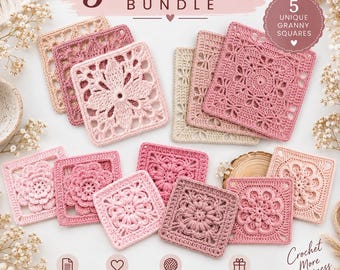 5 Crochet Granny Square Patterns Bundle, Floral Motif PDF, Flower Squares, Blanket Crochet Designs