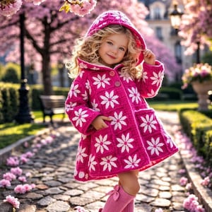 May include: A young child wearing a bright pink hooded coat with white flower patterns, pink socks, and shoes. The coat has large white flower designs and two pockets. The background features a stone path, pink flowers, and a building.
