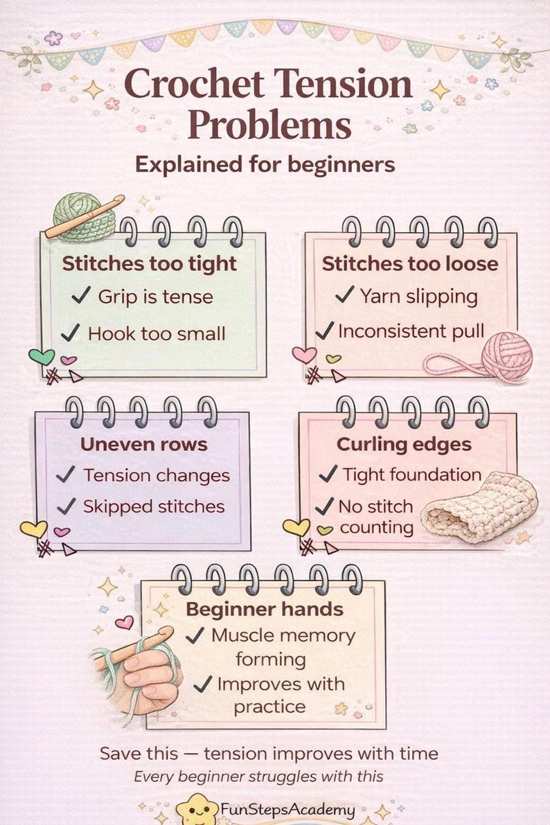 Educational graphic explaining beginner crochet tension problems with text notes, illustrations of yarn and hooks, and a small photo of hands holding yarn.