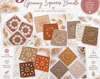5 Crochet Granny Square Patterns Bundle, Floral Motif PDF, Flower Squares, Blanket Crochet Designs
