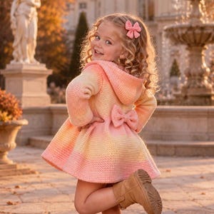Hooded Coat Pattern, Girls' Flared Raglan PDF Knitting with Bow