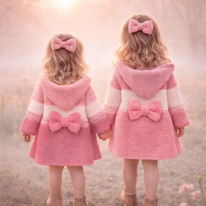 Może przedstawiać: Dwoje małych dzieci w pasujących różowych płaszczach z kapturem z kokardkami z tyłu i pasującymi kokardkami do włosów. Płaszcze mają wzór w paski z białymi i różowymi paskami. Trzymają się za ręce na polu.