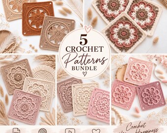 5 Crochet Granny Square Patterns Bundle, Floral Motif Afghan Blocks, Boho Blanket PDF Download