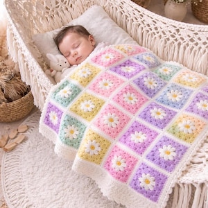 Crochet Baby Blanket Pattern, 3D Flower Granny Square Design, PDF Download