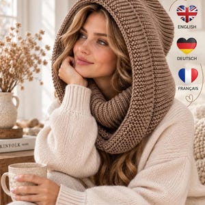 Hooded Cowl Pattern, Garter Stitch Knit Winter Hood PDF in 3 Languages