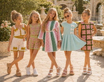 5 Häkelanleitungen-Bündchen für Mädchen | Sommerkleid, Grandma Square Kleid, Top & Shorts Set