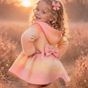 May include: A child's pink and yellow knitted coat with a hood and a bow detail. The coat is striped and worn by a smiling child with a pink bow in their hair. The child is looking over their shoulder. The background is a soft, out-of-focus landscape.
