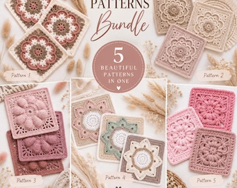 5 Granny Square Crochet Patterns Bundle, Floral Motif Afghan Blocks, Boho Crochet Squares