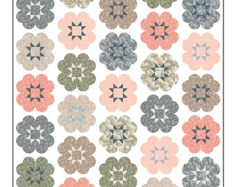 May include: A quilt with a floral pattern, featuring star-shaped centers within each flower. The color palette includes shades of gray, peach, and green. The text "STAR BLOOM" is at the top. Sizes include small throw (53" x 52"), large throw (66" x 65"), and twin (66" x 84").
