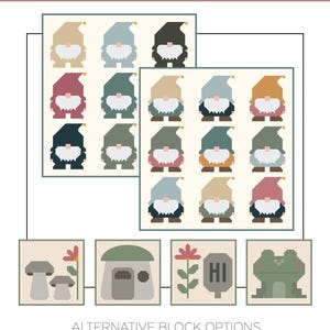 以下が含まれることがあります： 「CHILLIN' WITH MY GNOMIES」のテキストと、さまざまな色のノームブロックのデザインが施されたキルトパターン。追加のブロックオプションには、キノコ、家、花、カエルが含まれます。パターンは、ブロック、スロー、伝統的なピーシング用です。