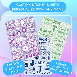 Custom Name Sticker Sheet | 2 Sheets (Laminated + Paper) | Kids Name Stickers, Waterproof & Paper Stickers for Kids, School Supplies, Labels
