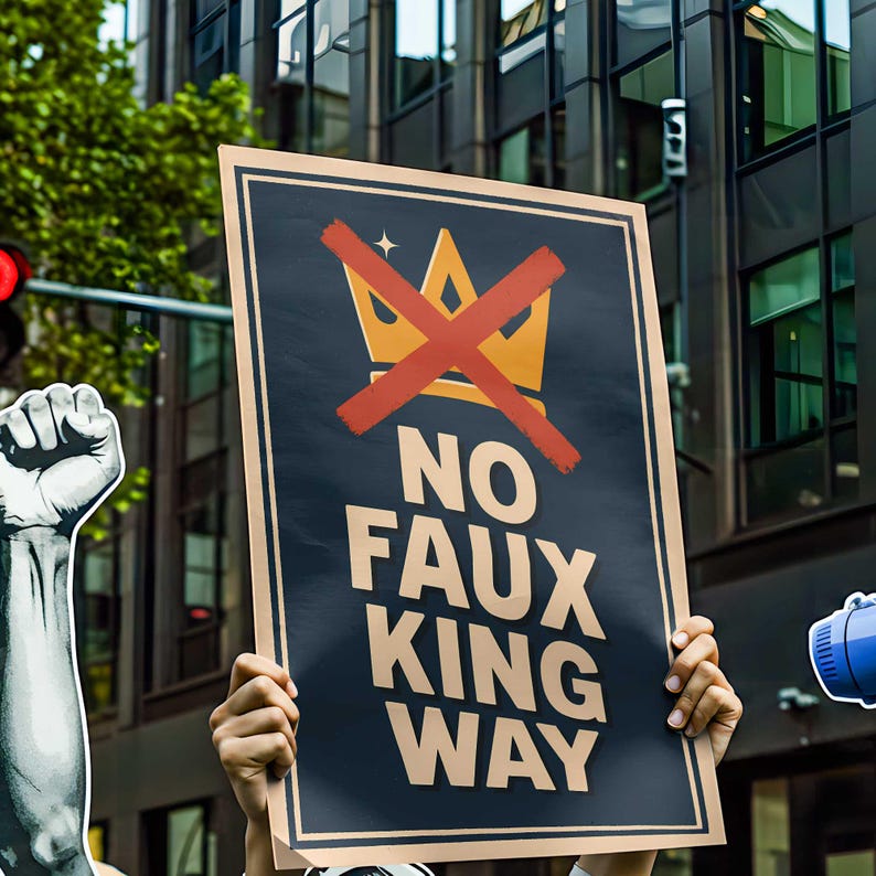 May include: A protest sign with a black background and a gold crown crossed out with a red "X". The sign reads "NO FAUX KING WAY" in white and gold lettering. The sign is held up in front of a city background.