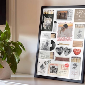 May include: A framed collage featuring photos, postcards, and matchboxes with romantic themes. The black frame holds various images, including a couple on a beach, hearts, and the words "Love You." A houseplant in a white pot sits nearby.