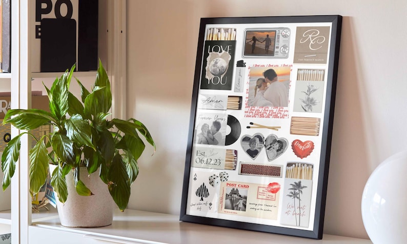 May include: A framed collage featuring photos, postcards, and matchboxes with romantic themes. The black frame holds various images, including a couple on a beach, hearts, and the words "Love You." A houseplant in a white pot sits nearby.