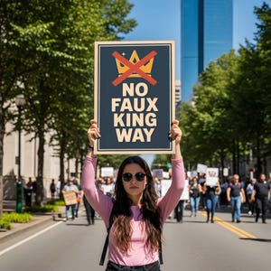 May include: A woman holds a sign with the words "NO FAUX KING WAY" in white text on a dark blue background, with a red crossed-out crown. The sign is held up in a street with a crowd of people.