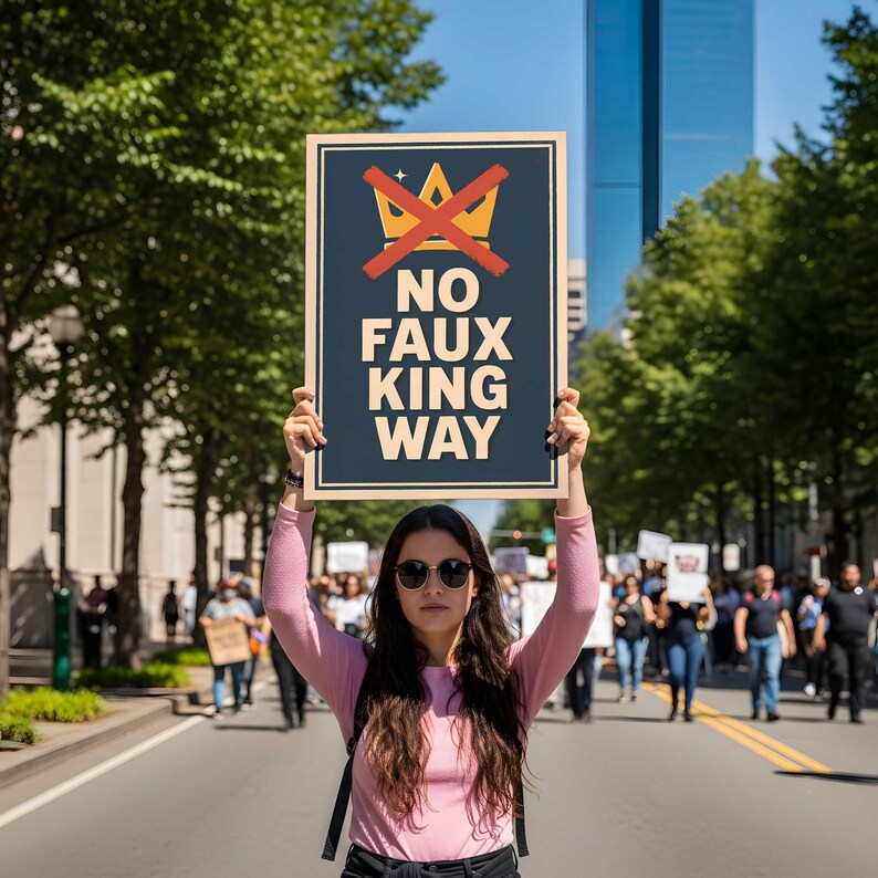 May include: A woman holds a sign with the words "NO FAUX KING WAY" in white text on a dark blue background, with a red crossed-out crown. The sign is held up in a street with a crowd of people.