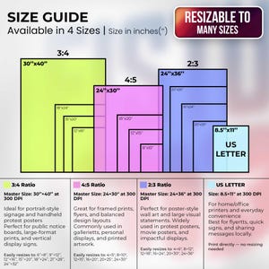 May include: Size guide graphic showing print sizes in inches, including 30"x40", 24"x30", 24"x36", and 8.5"x11" US Letter. Text indicates the image is resizable to many sizes and suitable for various print applications.