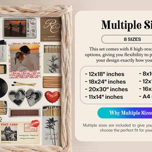 May include: A collage of romantic images and memorabilia, including photos, matchboxes, and postcards, arranged within a woven frame. The images include couples, hearts, and the text "Love You" and "Forever Yours". The set offers multiple sizes, including 12x18 inches and 8x10 inches.