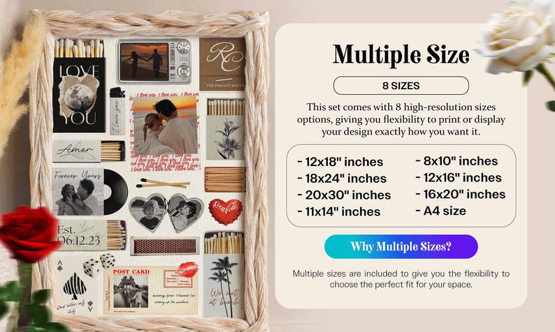 May include: A collage of romantic images and memorabilia, including photos, matchboxes, and postcards, arranged within a woven frame. The images include couples, hearts, and the text "Love You" and "Forever Yours". The set offers multiple sizes, including 12x18 inches and 8x10 inches.