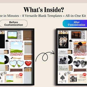 May include: A framed collage kit with customizable templates. The image shows a before and after customization comparison. The kit includes templates, a vintage-style camera, a vinyl record, and heart-shaped elements. Text includes "What's Inside?" and "Customize in Minutes".