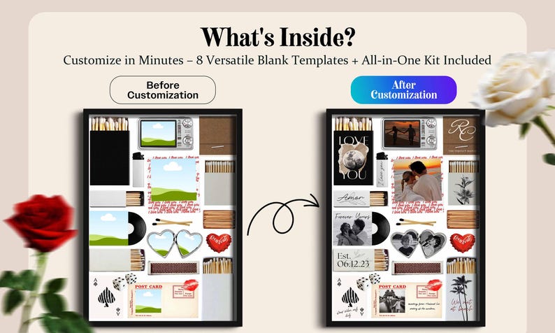 May include: A framed collage kit with customizable templates. The image shows a before and after customization comparison. The kit includes templates, a vintage-style camera, a vinyl record, and heart-shaped elements. Text includes "What's Inside?" and "Customize in Minutes".
