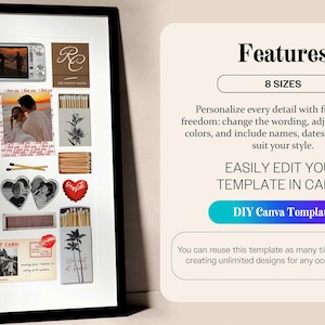 May include: A framed collage featuring various matchbox designs with photos, text, and illustrations. The design includes a photo of a couple, a vintage camera, and the text "LOVE YOU". The text "Features" and "8 SIZES" are also visible.