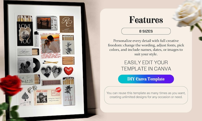 May include: A framed collage featuring various matchbox designs with photos, text, and illustrations. The design includes a photo of a couple, a vintage camera, and the text "LOVE YOU". The text "Features" and "8 SIZES" are also visible.