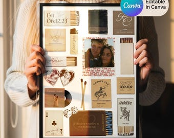 May include: A framed collage featuring various romantic elements. Includes a photo of a couple, matchboxes with text like "I love you" and "Choose You", playing cards, dice, and a vinyl record. The text "Est. 06.12.23" is also visible.