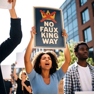 May include: A protest sign with the words "NO FAUX KING WAY" and a crossed-out crown is held aloft by a person. The sign is dark blue with white lettering and a gold crown. Other people are visible in the background, some holding blank signs.