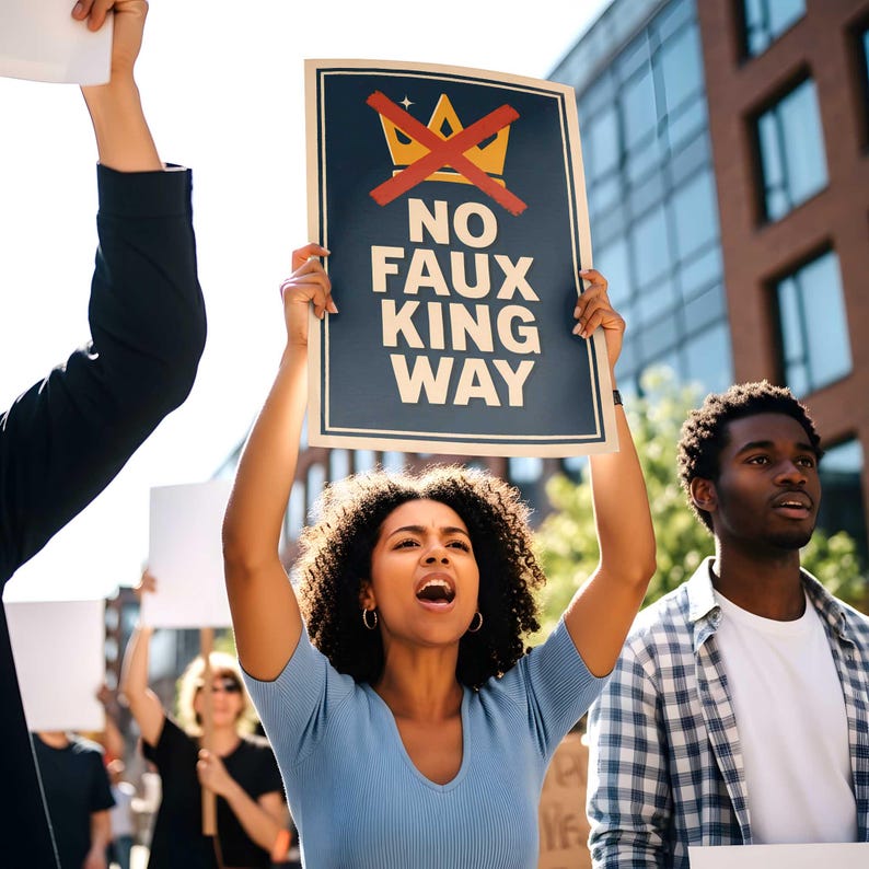 May include: A protest sign with the words "NO FAUX KING WAY" and a crossed-out crown is held aloft by a person. The sign is dark blue with white lettering and a gold crown. Other people are visible in the background, some holding blank signs.