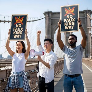 May include: Three people on a bridge hold signs that read "NO FAUX KING WAY" with a crossed-out crown. One person holds a megaphone. The signs are black with gold borders and text. The background shows a bridge and a blue sky.