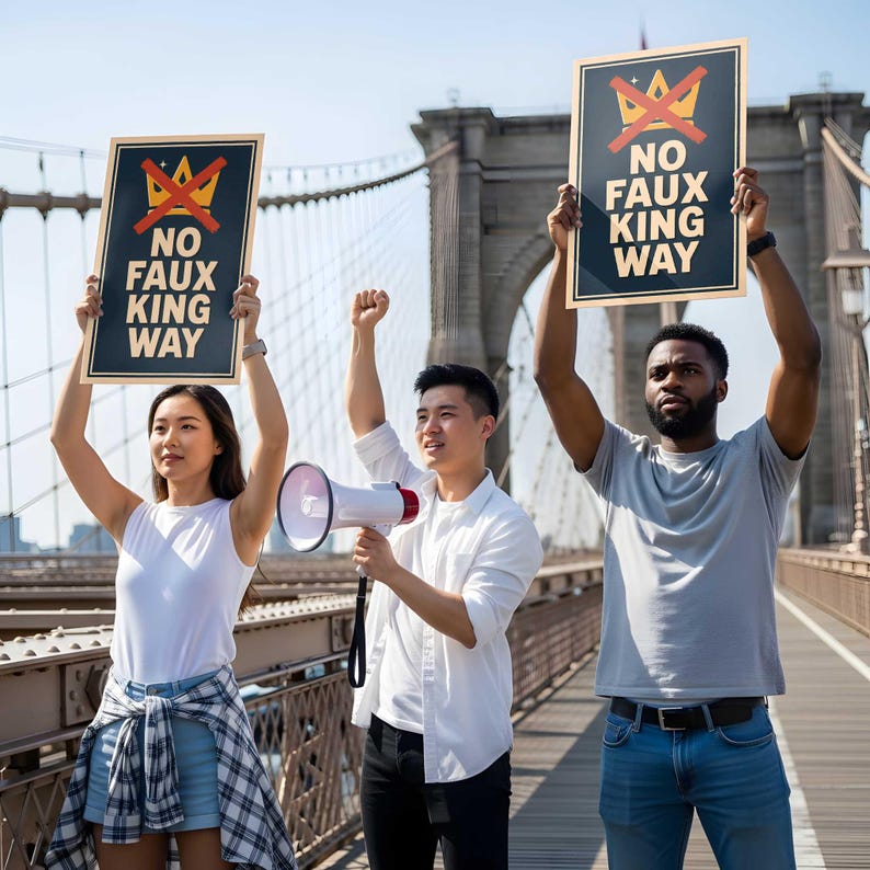 May include: Three people on a bridge hold signs that read "NO FAUX KING WAY" with a crossed-out crown. One person holds a megaphone. The signs are black with gold borders and text. The background shows a bridge and a blue sky.