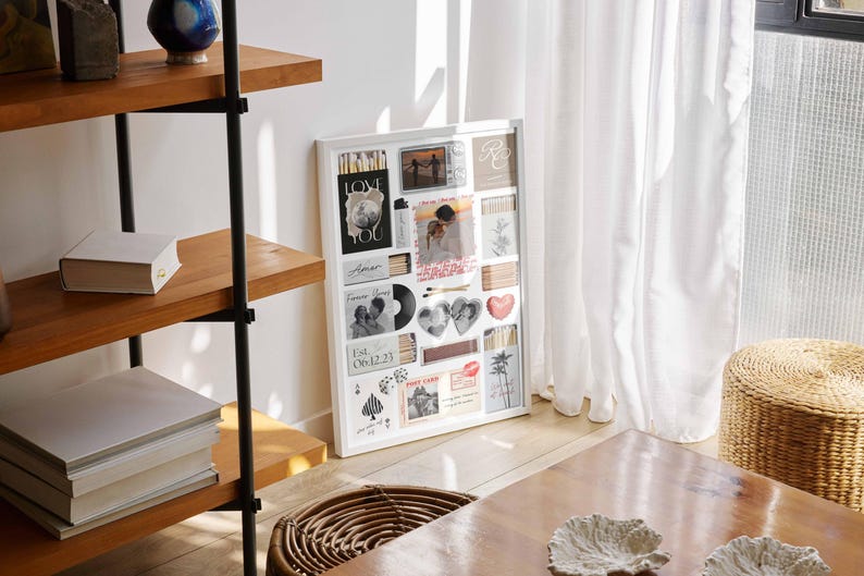 May include: A white framed collage of photos, postcards, and decorative items. The collage includes photos of couples, hearts, and the words "Love You" and "Forever Yours". The collage is displayed near a wooden shelf and a woven basket.