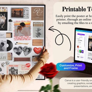 May include: A framed collage featuring various images, including photos, text, and decorative elements. The words "LOVE YOU", "Amor", and "Est. 06.12.23" are visible. A laptop displays a similar design, with the text "Printable Template" and "Customize, Print and Frame".