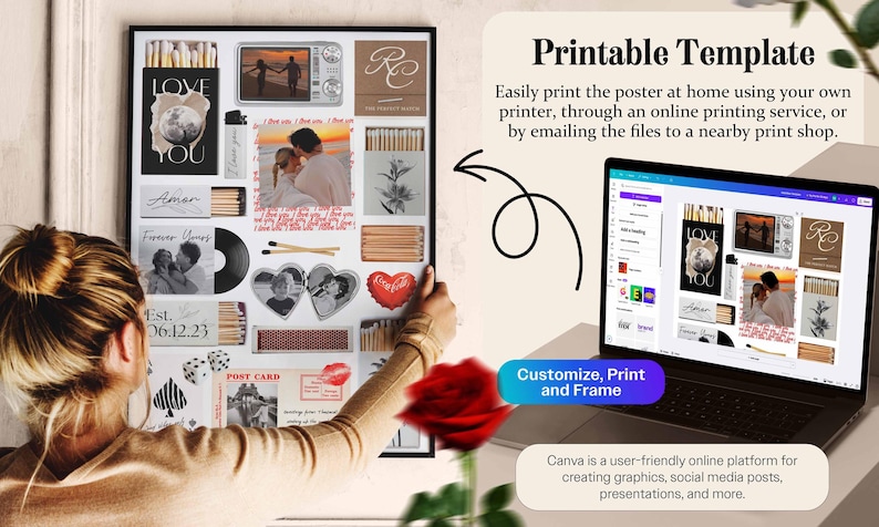 May include: A framed collage featuring various images, including photos, text, and decorative elements. The words "LOVE YOU", "Amor", and "Est. 06.12.23" are visible. A laptop displays a similar design, with the text "Printable Template" and "Customize, Print and Frame".